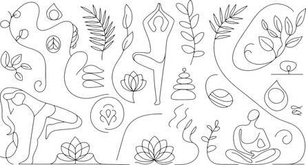 Minimalist continuous line art depicts various yoga poses, stacked stones, lotus flowers, and botanical elements representing health and mindfulness practices.