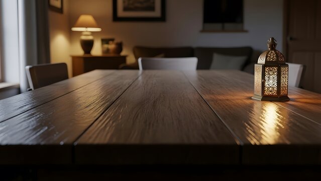 Ornate lantern casting warm glow on a wooden dining table in a cozy home interior.