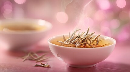 Elegant Pink Tea Bowl With White Tea Leaves