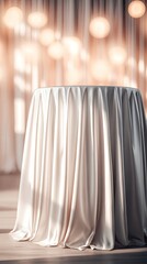 Empty Round Table Covered With Draped White Cloth