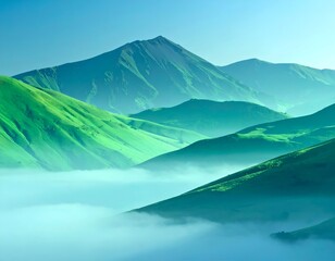 Green hills rise above mist into a clear blue sky