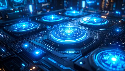 Close-up of glowing blue circuit board with intricate details