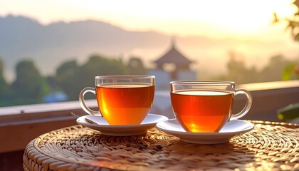 Two glass cups of tea on a table, scenic mountains in the background