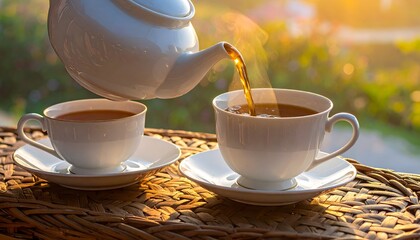 Teapot pouring tea into a teacup with another teacup nearby in a warm, sunny scene
