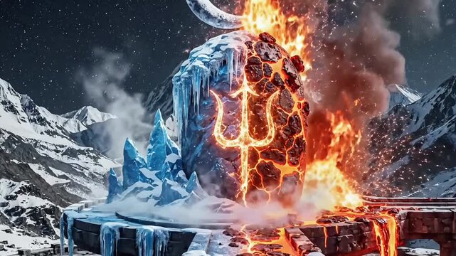 Shivling cosmic fire and ice manifestation in Himalayan temple with glowing trident and divine energy video motion animated footage for Maha Shivratri spiritual festival