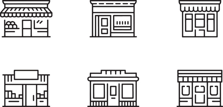 Set of six minimalist black and white line icons depicting various small business storefronts and retail shop facades for commercial design.