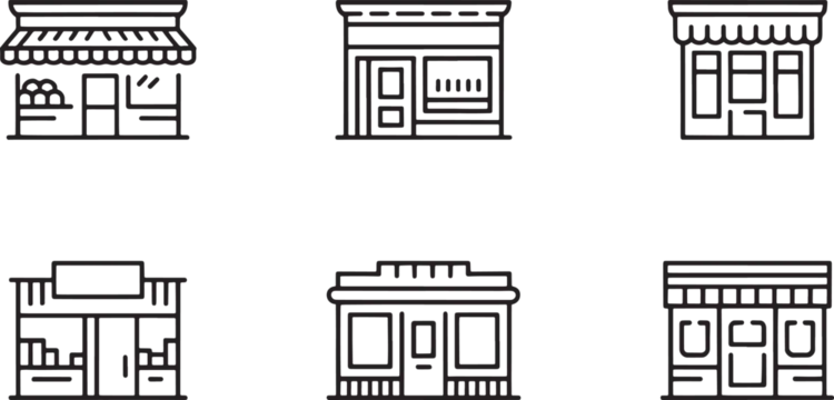Set of six minimalist black and white line icons depicting various small business storefronts and retail shop facades for commercial design.