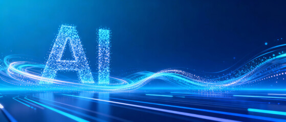 Digital representation of AI with glowing particles and dynamic light waves on a futuristic blue background