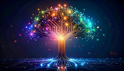 Electronic circuit tree with glowing leaves and roots in digital space