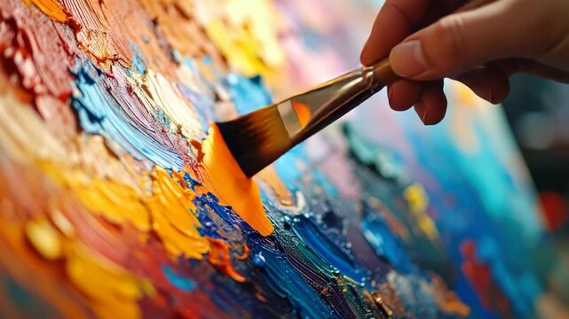 Close-up of hand holding a paintbrush applying thick textured oil paint to canvas