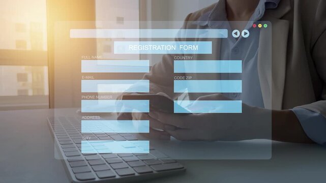Personal data information management.Digital online employee form. Human resource concept.Businessman filling out a form with personal data online	
