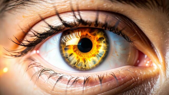 Extreme Close Up Macro Shot of a Human Eye Iris with Fiery Golden Patterns