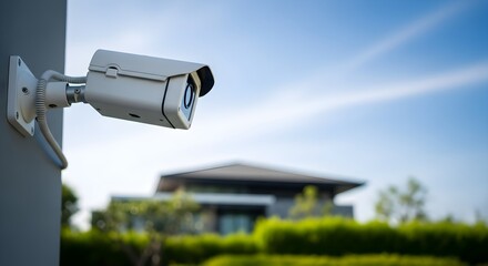 Security Camera Surveillance System Guarding Home against Crime with Blue Sky Background