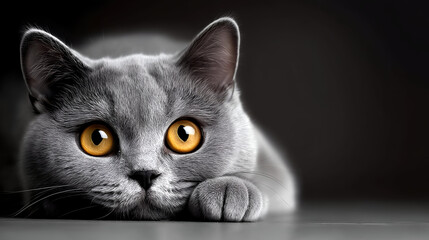 A close-up of a gray cat with striking golden eyes. Captures the essence of curiosity and playfulness in an enchanting way.