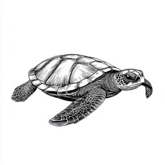 Fototapeta premium Highly Detailed Monochrome Illustration of a Sea Turtle Swimming in Crystal Clear Ocean Waters