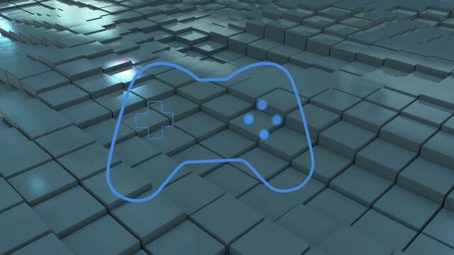 Animation of game pad controller over glowing blue squares