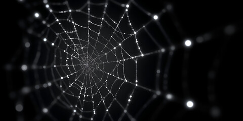 A close-up of a spider web glistening with dew, showcasing intricate patterns and textures against a dark background.