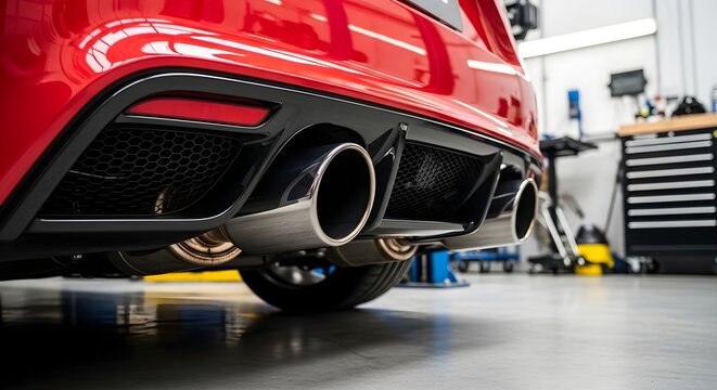 Back View of Red Sport Car with Chrome Exhaust System and Diffuser Detail