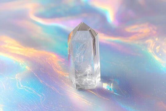 Natural clear crystal quartz electroplating rainbow on holographic background. Meditation, reiki and spiritual healing concept.