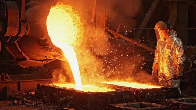A skilled worker stands amidst a glowing environment, pouring molten metal into molds. The scene captures the awe of thermal energy and the transformative process of metal shaping.