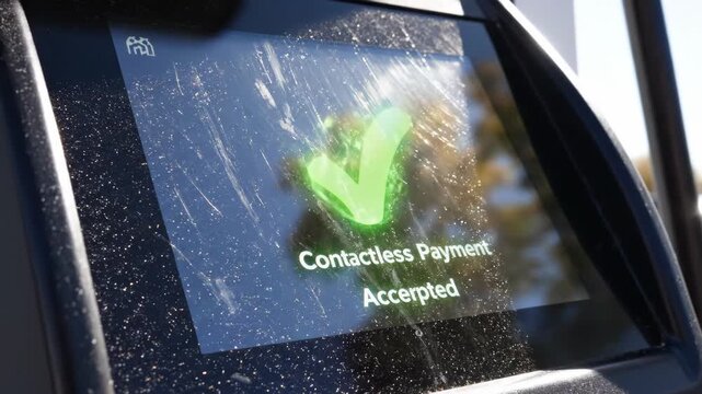 In a lively urban environment, a contactless payment terminal displays various prompts, capturing the transition from processing to successful payment. Sunlight creates dynamic reflections.
