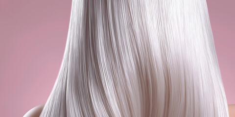 Naklejka premium A close-up view of sleek, straight, shiny hair cascading down against a soft pink backdrop, showcasing elegance and beauty.