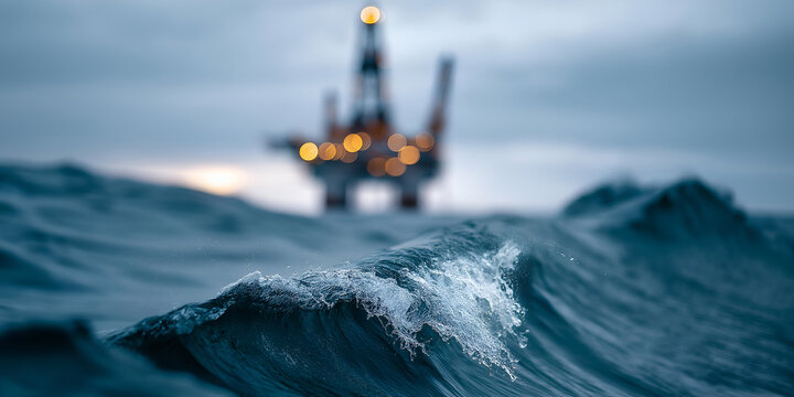 A close-up view of ocean waves with an offshore oil rig in the background, showcasing the intersection of nature and industrial progress.