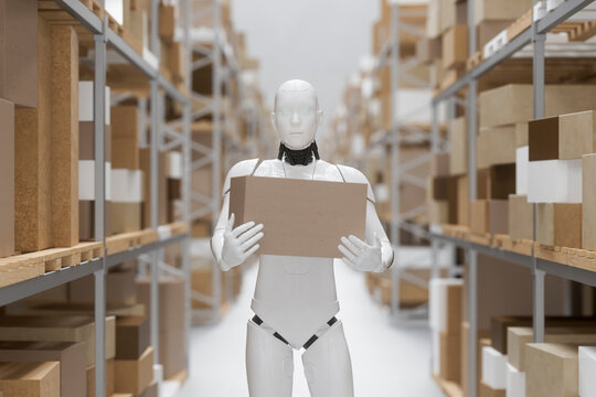 3D robot managing package logistics in warehouse aisle