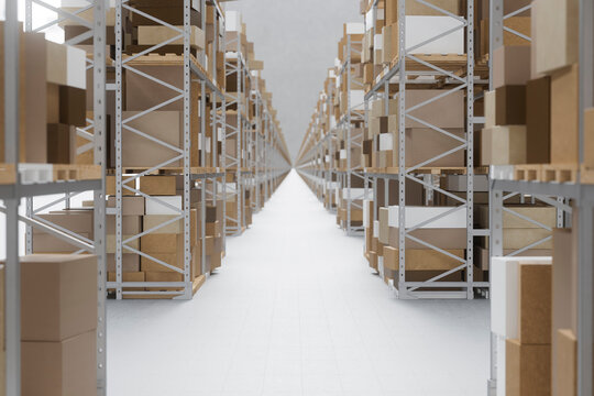 3D corridor in industrial warehouse with shelving units