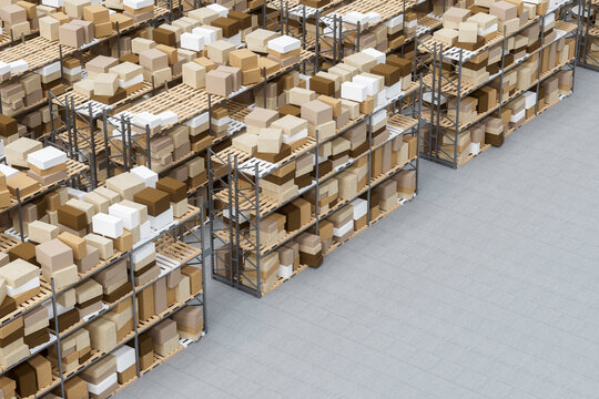 3D aerial view of storage system in warehouse environment