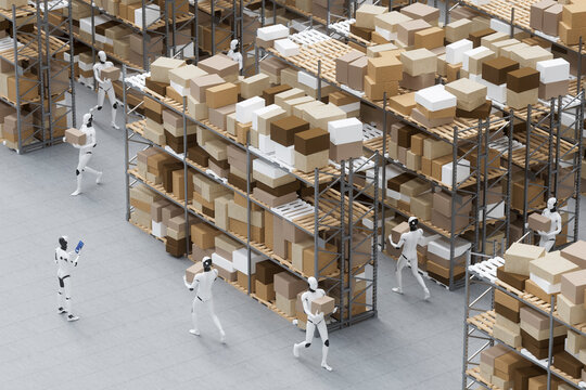 3D robots handling boxes and managing warehouse inventory