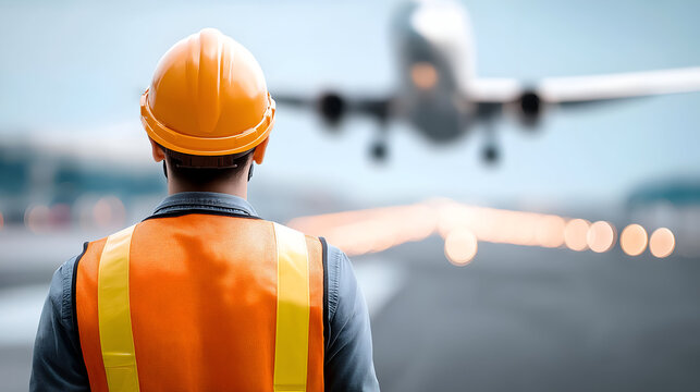 A construction worker in safety gear watches an airplane take off from an airport runway, highlighting the aviation industry.