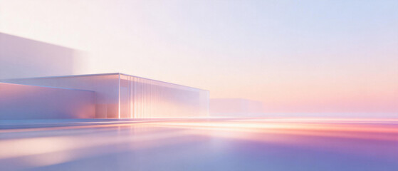 Modern architectural structure at dawn with soft light and reflective surface