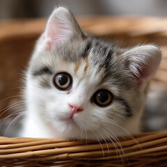 A cute kitten peering curiously from a cozy woven basket, showcasing its striking fur and expressive eyes.