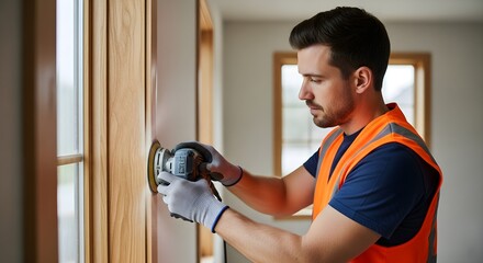 A Young Man Sanding Wood with Safety Gear for Home Improvement Project