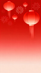 Red lanterns and fireworks against a gradient red background, evoking a festive atmosphere.