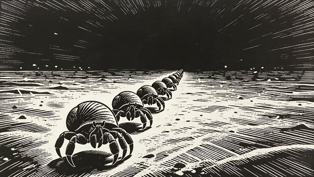 Nocturnal March: Line of Hermit Crabs Under Starry Desert Sky