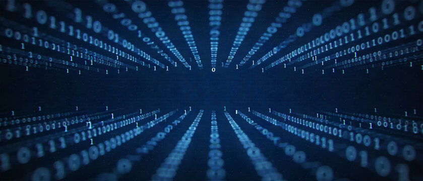 Digital binary code tunnel with glowing data streams converging into the distance on a dark blue background