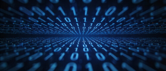 Digital binary code tunnel with glowing blue digits creating a perspective effect
