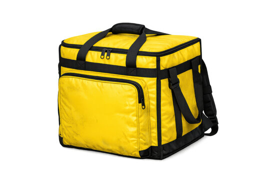 Yellow insulated delivery bag for food courier services, delivering takeaway meals, groceries, and fast food, transparent background