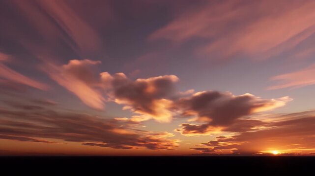 Dramatic pink and orange clouds float across the sky during a vibrant sunset over a dark horizon.