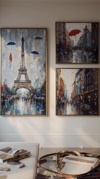 Parisian Charm Art Display in a Stylish Interior: Eiffel Tower Paintings
