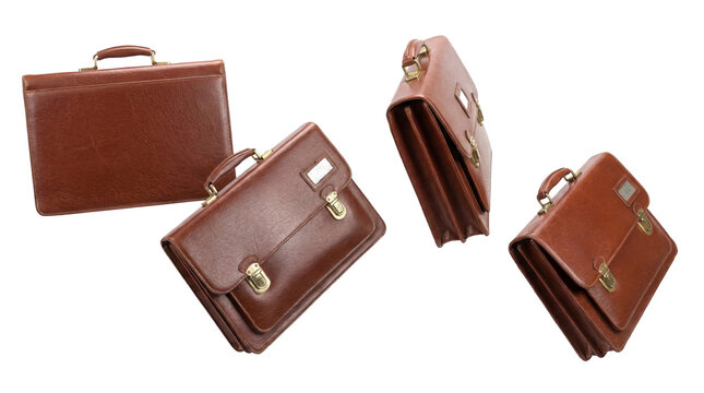 a sophisticated vintage brown leather briefcase collection, artistically arranged on a transparent background, evoking a sense of classic business and executive travel.