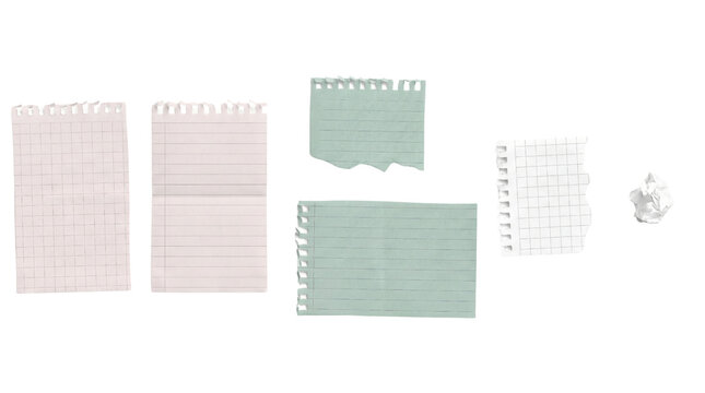 a variety of torn paper scraps, including lined notebook pages, graph paper, and a crumpled ball, isolated on a dark background for creative or design use.