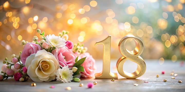 Number 18 With Floral Decoration On Wooden Surface, Soft Bokeh Background, Elegant Celebration Concept, For Birthday Invitations, Anniversary Cards, Event Design, Marketing And Greeting Templates