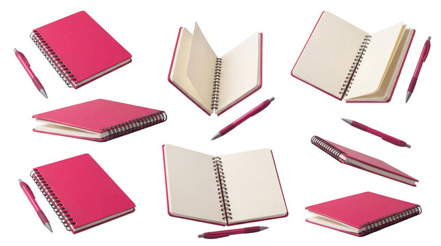 vibrant pink spiral-bound notebooks and matching pens, arranged in multiple creative compositions against a black backdrop, ideal for journaling, note-taking, and creative planning purposes.