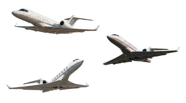 arrangement of three sophisticated business jets in mid-air, viewed from diverse perspectives on a black canvas, highlighting advanced aerospace engineering and luxurious air travel solutions.