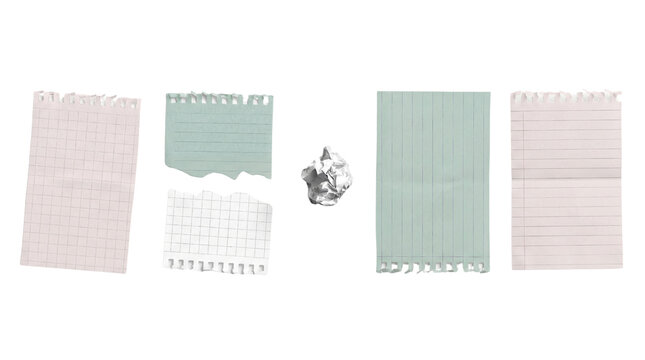 torn and crumpled paper scraps with line rulings and grid patterns, creatively arranged on a transparent background.