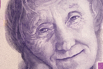 Astrid Lindgren a closeup portrait from Swedish money