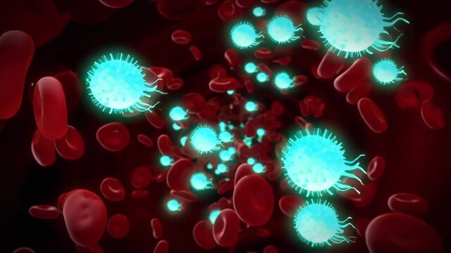 4K cinematic video, glowing neon Borrelia burgdorferi spirochetes moving stylized blood vessels, microscopic infection environment, interacting white blood cells, antibiotics luminous particles, drama